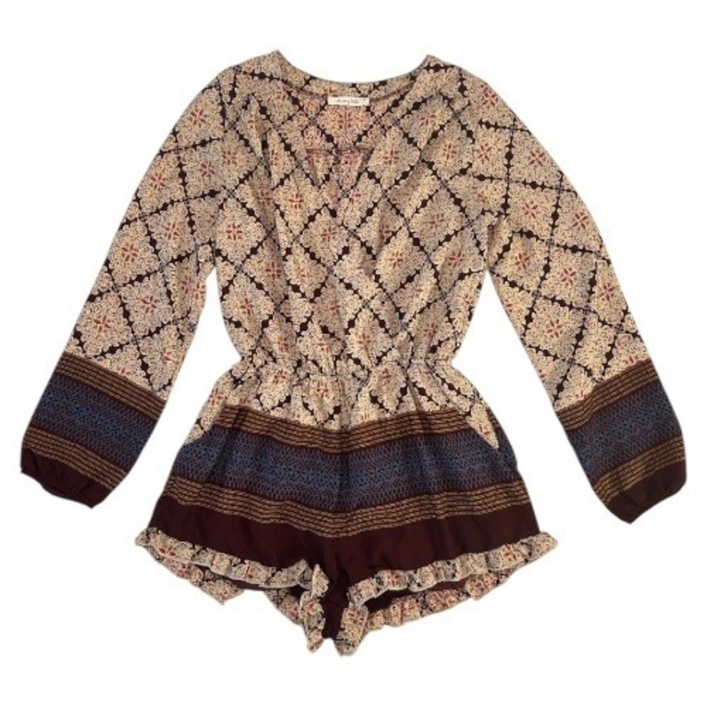 Honey Belle Boho Long Sleeve Romper Women's Small Ruffle Hem Drawstring Waist